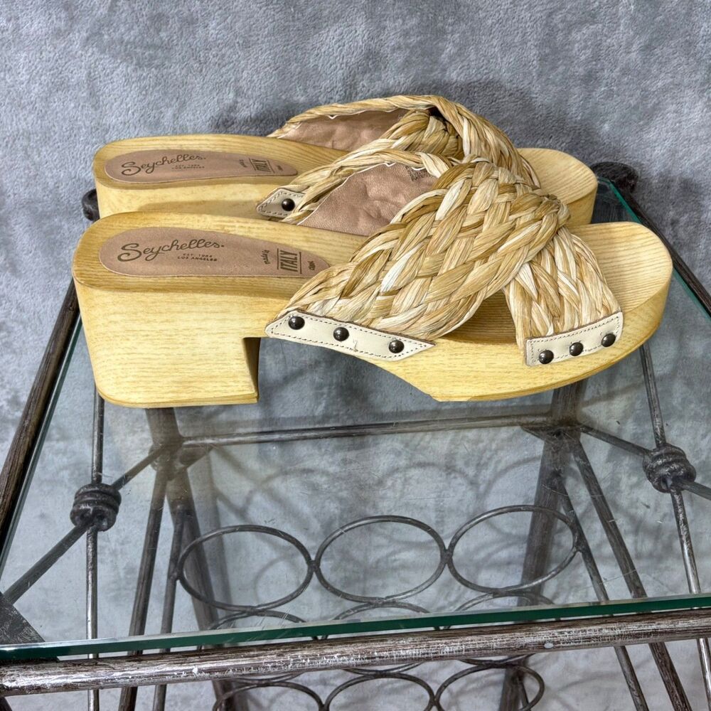 Seychelles Women's warm waters natural raffia Heeled Sandal Size 10 Beige Italy